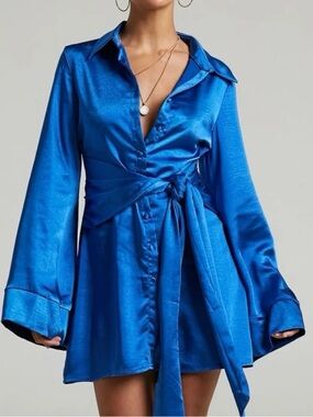 Showpo Satin Tie-Waist Shirt Dress in Electric Blue